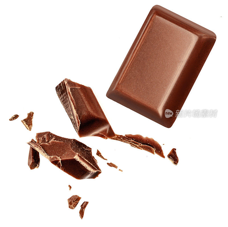  Levitating milk chocolate chunks isolated on white background. Flying Chocolate pieces, shavings and cocoa crumbs Top view. Flat lay